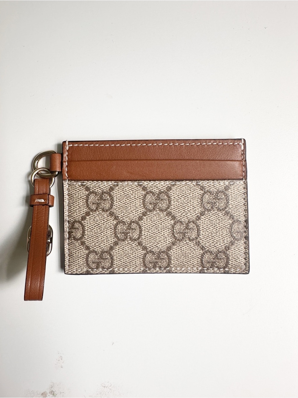 Gucci GG Emblem Card Case with Strap Beige and Dark Brown Fabric NWB - Picture 10 of 14